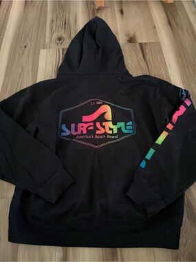 Surf style Y2K black hoodie size Medium with multicolor rainbow spellout